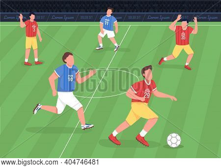 Football Match Flat Color Vector Illustration. Forward Running Towards Enemy Side. Proffessional Soc