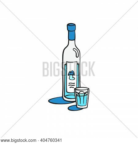 Vodka Bottle And Glass Superimposed Outline Icon On White Background. Colored Cartoon Sketch Graphic