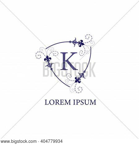 Decorative Floral Shield With Lily Flower Ornament. Isolated On White Background. Letter K Alphabet 
