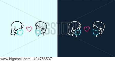 A Vector Illustration Of Man And Woman In Face Masks On Bright Blue And Navy Backgrounds, Silhouette
