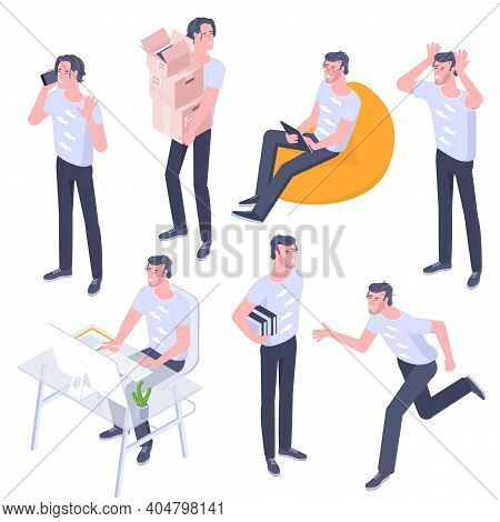 Flat Design Isometric Young Men Characters Poses, Gestures And Activityes Set. Office Working, Learn