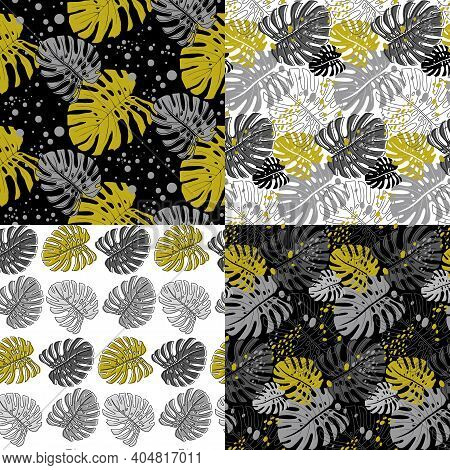 Set Of Modern Seamless Patterns With Monstera Leaves On Black Background With Gray Leaves For Fabric