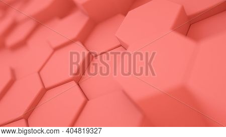 A 3d rendering of a view of an uneven pattern consisting of an array of coral hexagons