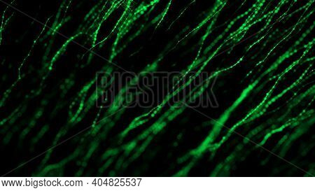 Dynamic Particles Wave. Green Dots On Black Background. Digital Landscape. 3d Rendering. Big Data Vi
