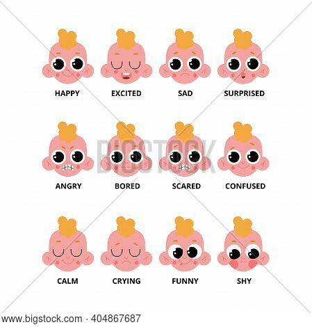 Big Set Of Baby Emotions. Cute Child Expression. The Newborn Shows Different Emotions: Happy, Sad, A