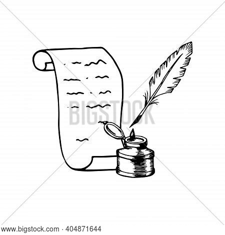 Paper Scroll Inkwell Nib Vintage Ink Pen. Literature Poetry Writing Symbol. Hand Drawn Engraving Bla