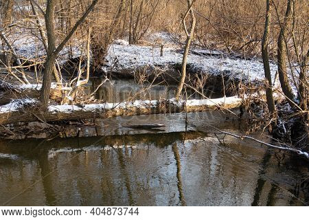 Bitsa River In The Moscow Region, First Snow, Water Surface, Reflection