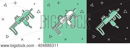 Set Mp9 Submachine Gun Icon Isolated On White And Green, Black Background. Automatic Weapon. Vector