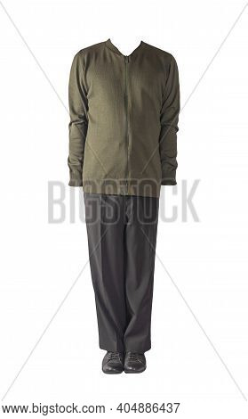Men's Dark Green Knitten Bomber Jacket ,black Pants  And Black  Leather Shoes Isolated On White Back