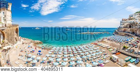 Atrani, Italy - June 23, 2019: Landscape With Amazing Beach Of  Atrani Town At Famous Amalfi Coast, 