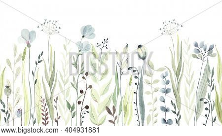 Horizontal seamless pattern with greenery wildflowers, abstract plants, flowers and leaves. Watercolor illustration in pastel green and blue colors. Floral border on white background.