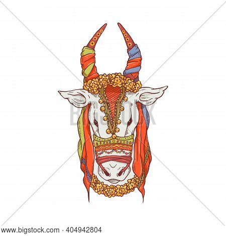 Pongal Cow Drawing - Cartoon Animal Head Decorated For Indian Festival