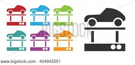Black Repair Car On A Lift Icon Isolated On White Background. Repair Of The Underbody, Suspension, W