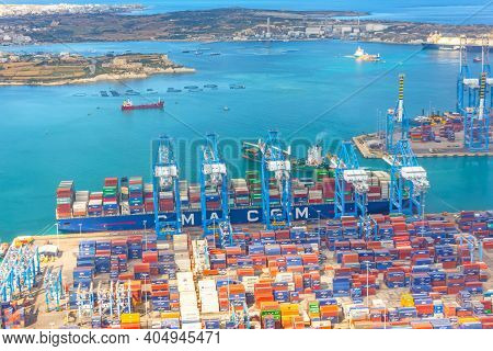 Huge Cma Cargo Ship For Transporting Containers In Port At Unloading. Malta, Il Brolli Marsaxlokk, M