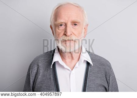 Portrait Of Old White Hair Sad Man Wear Dark Sweater Isolated On Grey Background