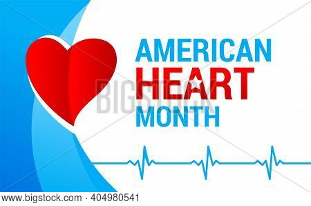 National American Heart Month Banner With Logo. Vector Illustration Ecg Graph And Red Heart For Bann