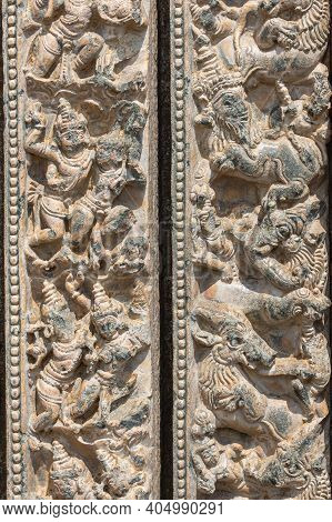 Lakkundi, Karnataka, India - November 6, 2013: Kasivisvesvara Temple. Detail Of Beige Stone Detailed