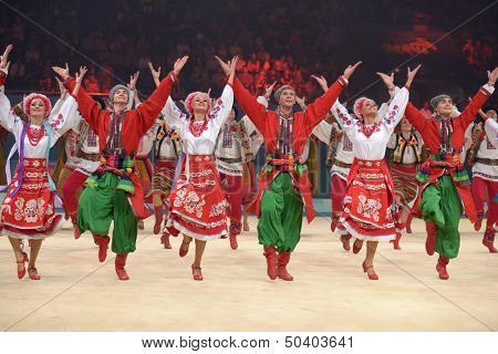 KIEV, UKRAINE - SEPTEMBER 1: Dancers in national costumes performs during closing ceremony of the 32nd Rhythmic Gymnastics World Championships in Kiev, Ukraine on September 1, 2013