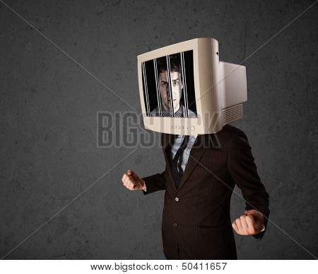 Business man with monitor screen on his head traped into a digital system concept