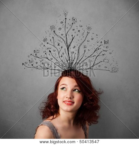 Pretty young woman thinking with tangled lines coming out of her head