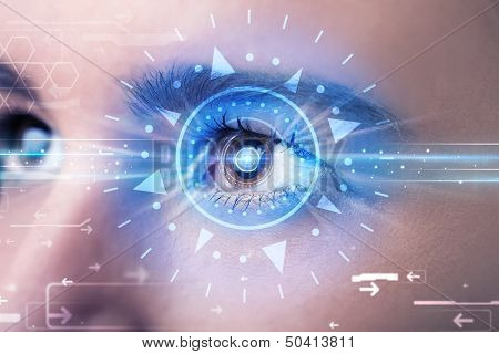 Modern cyber girl with technolgy eye looking into blue iris