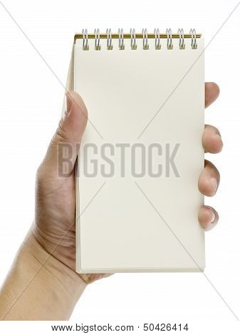 Note, a hand holding a notebook with blank space for write note, news, memo, announce, notice
