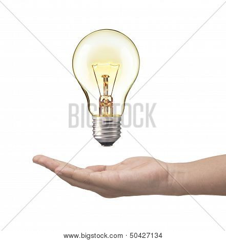 Turn on tungsten light bulb with woman hand