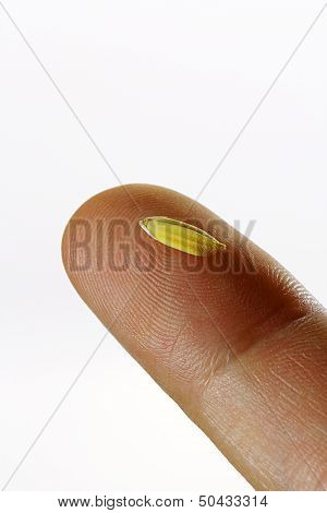 Rice grain on finger isolated on white background