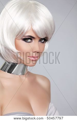 Fashion Beauty Portrait Woman. White Short Hair. Beautiful Girl's Face Close-up. Haircut. Hairstyle.