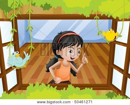 Illustration of a girl at the window with birds