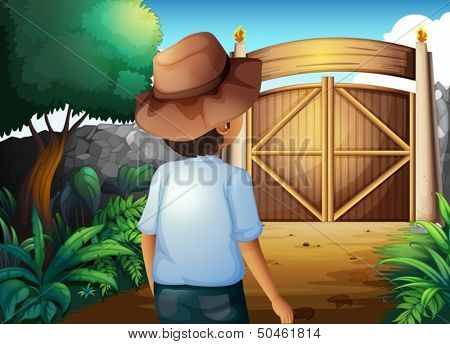 Illustration of a man with a hat inside the gated yard