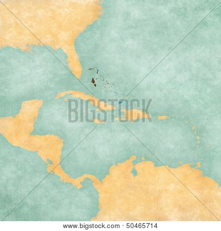 The Bahamas (Bahamian flag) on the map of Caribbean and Central America. The Map is in vintage summer style and sunny mood. The map has a soft grunge and vintage atmosphere which acts as a watercolor painting.