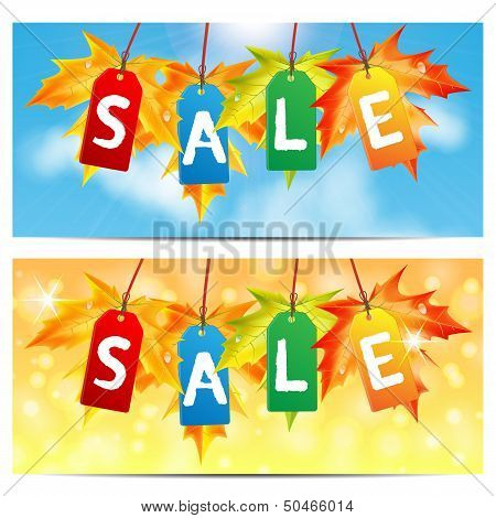 Word Sale On Party-colored  Labels Decorated With Autumn Maple Leaves.set Of Backgrounds About The A