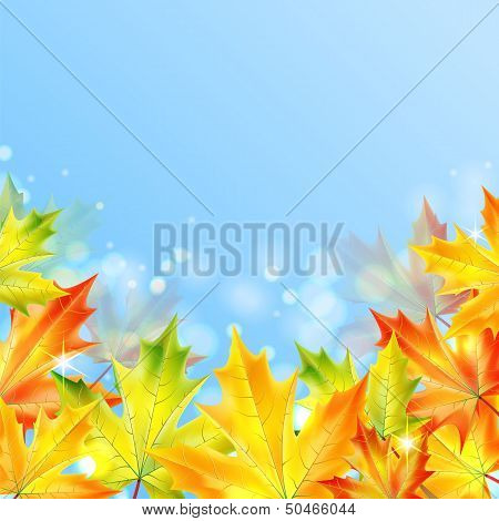 Autumn Maple Leaves On A Blue Sparkling Background.autumn Background.vector