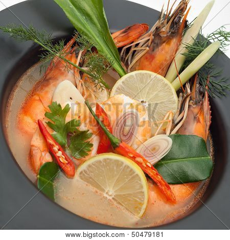 Tom Yum Goong Spicy Thai Seafood Soup In Bowl