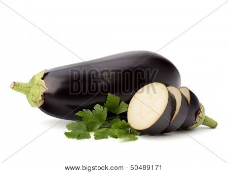 eggplant or aubergine and parsley leaf on white background
