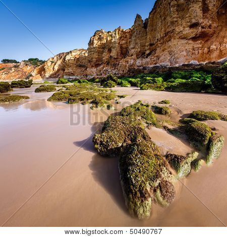Rocks And Cliffs Of Porto De Mos Beach In The Morning, Lagos, Algarve, Portugal