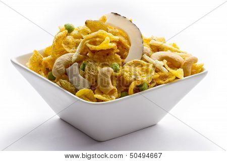 Indian snack in bowl white isolated.