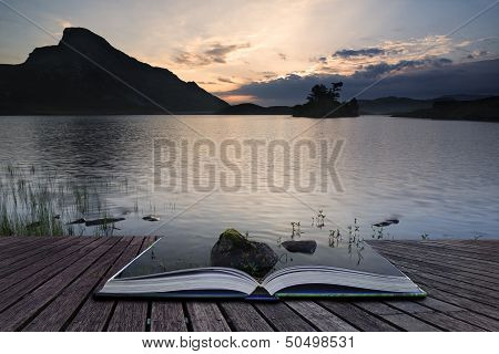 Creative Concept Book Stunning Mountain And Lake Sunrise Reflections Beautiful Landscape Wi