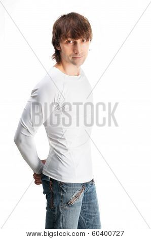 Cute Guy In White T-shirt Isolated On White Background