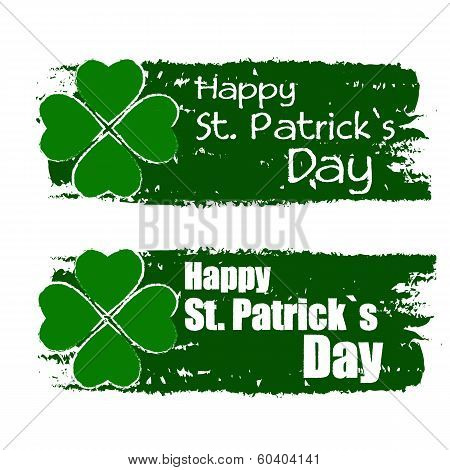 Happy St. Patrick's Day With Shamrock Sign, Green Drawn Banners