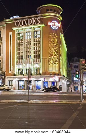 Lisbon, Portugal - June 16, 2013: Hard Rock Cafe in the Liberdade Avenue. Using the former Condes Movie Theater building.
