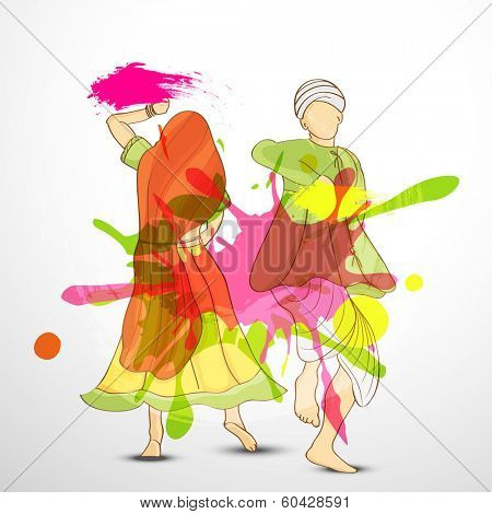 Indian color festival Happy Holi celebrations concept with illustration of young couple in traditional outfits playing with colours and dancing on splash background.