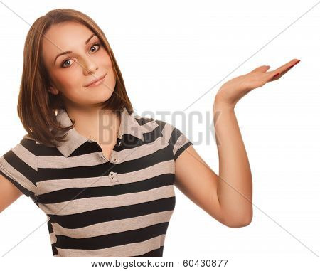 woman happy young  showing open hand holding