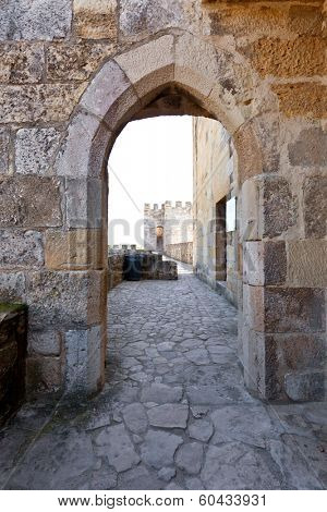 Gothic door in Sao Jorge (St. George) Castle in Lisbon, Portugal. Keep area (Castelejo). One of the landmarks of the Portuguese Capital.