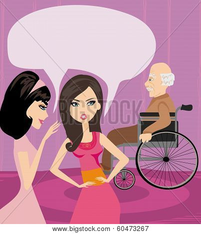 Girls Gossiping About Old Man In A Wheelchair