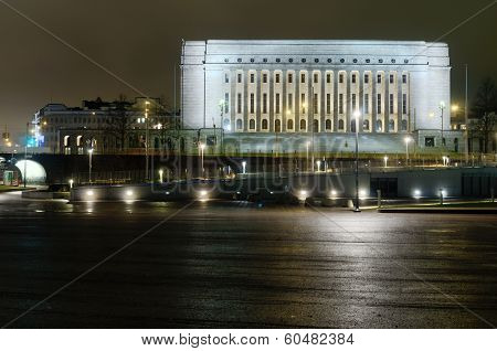 Finnish Parliament Building At Night