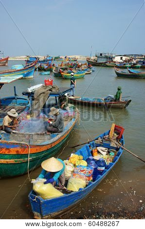 Transportation People And Goods By Wooden Boat At Habor