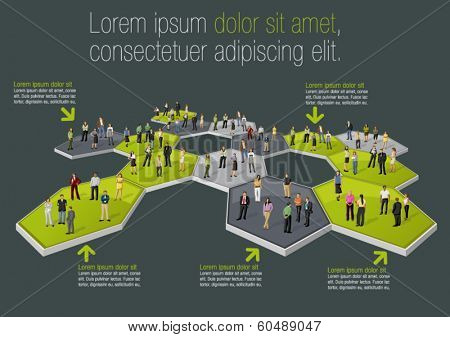 Template for advertising brochure with business people connected over bee hive blocks 