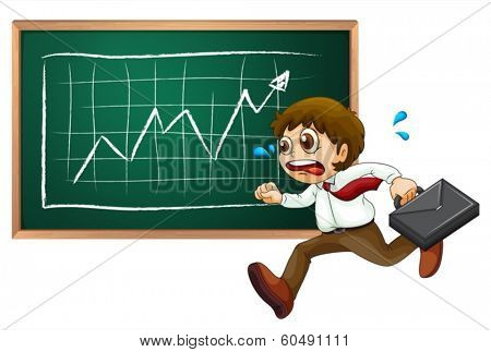 Illustration of a businessman running hurriedly in front of the blackboard on a white background